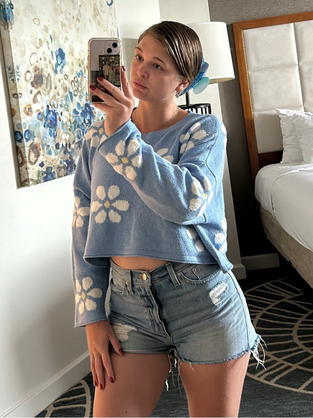 Moon & Madison Blue Floral Knit Sweater + Shorts Set - Picture 5 of 6